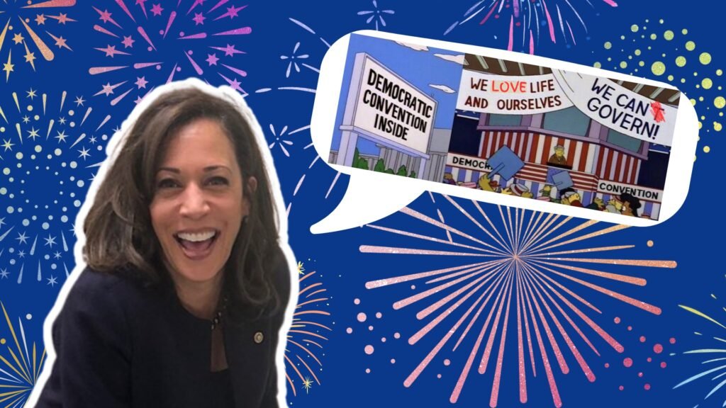 Kamala Harris laughing with a speech bubble containing the Simpsons Democrats "hate life" and "can't govern," which has been changed to "love life" and "can govern"